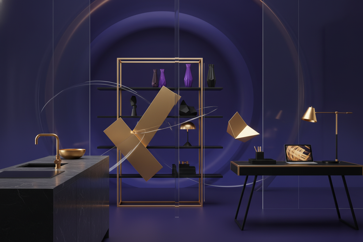 HORIZONTAL banner hero, exact aspect ratio 16:9, resolution 1280×720, minimalist style, premium and sophisticated mood. Dominant colors: royal purple, deep midnight blue, accents of rich gold and subtle black. Scene: abstract, elegant factory-inspired space blending KITCHEN, HOME and OFFICE elements, featuring sleek golden geometric shapes, minimalist countertops, subtle shelving lines, refined home-décor pieces and stylish office items (e.g., minimalist lamps, geometric organizers) fading into the backgrou